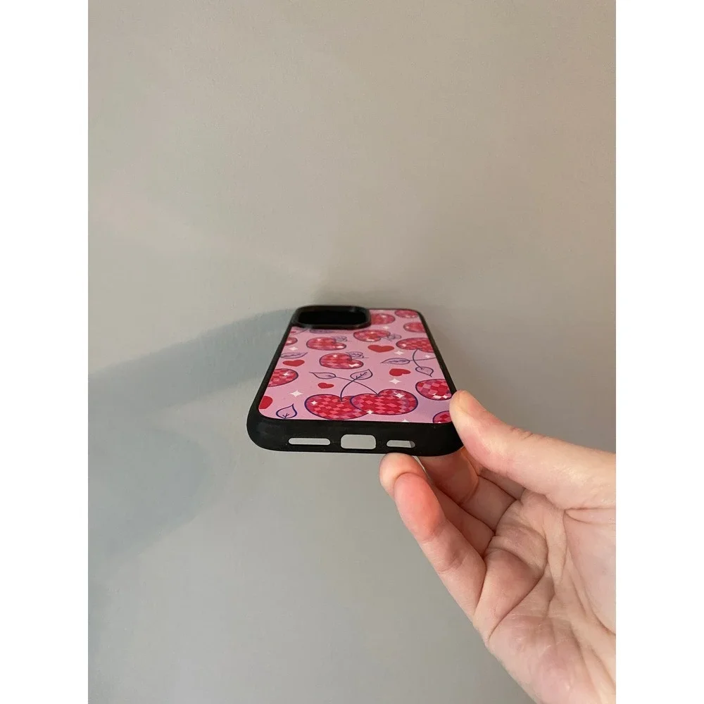 Phone Case iPhone 15 Pro Max Pink Disco Cherry Heart Checkered Bumper Case